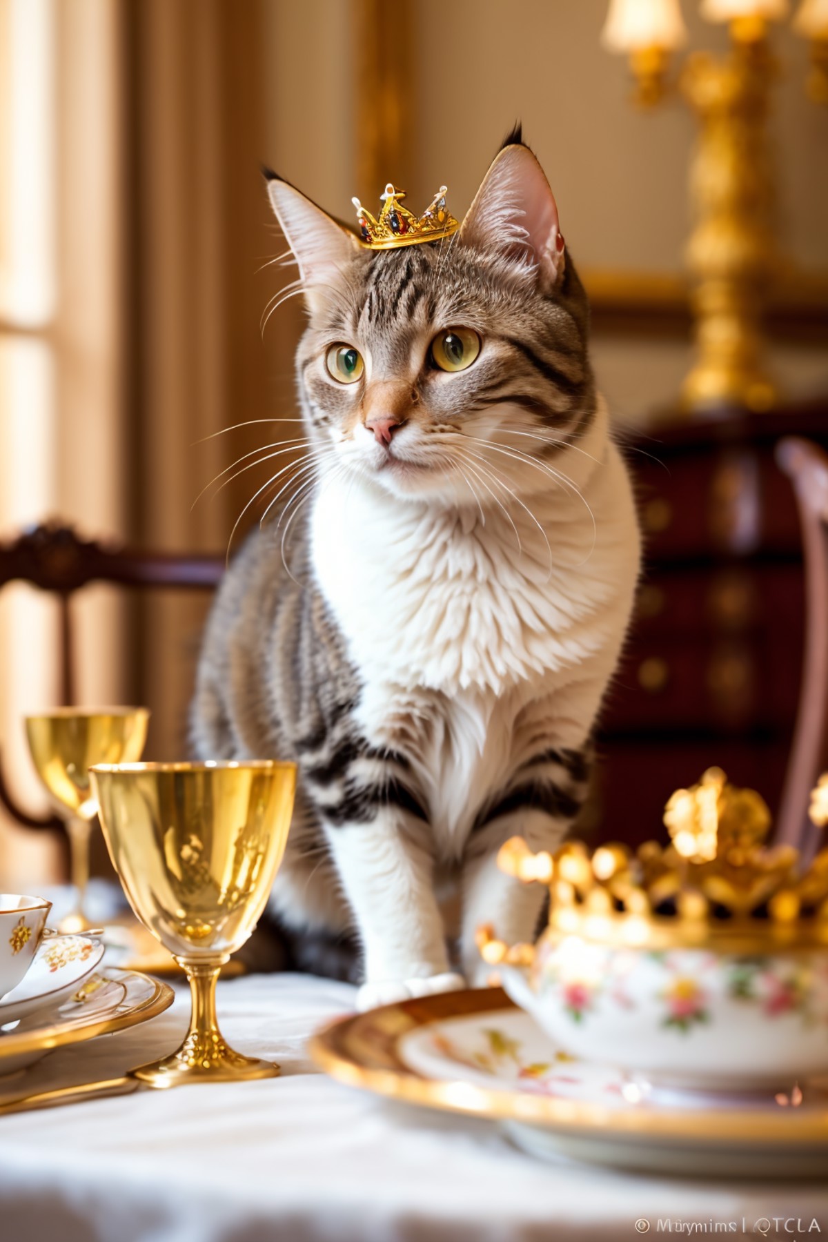 cat sitting at a fine dining table, wearing a tiny crown, crystal and porcelain plateware wealthy luxurious opulent mansio...